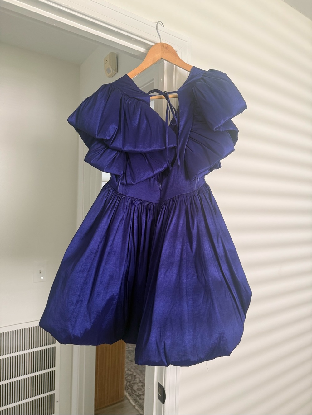 AKIRA CLEMENTINE BUTTERFLY SLEEVE MINI PUFF DRESS IN DARK PURPLE - Picture 3 of 7